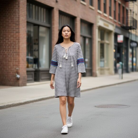 THML Striped Boho Dress XS Geometric Sleeve Detail Lace-Up Tassel Southwestern - Picture 7 of 7